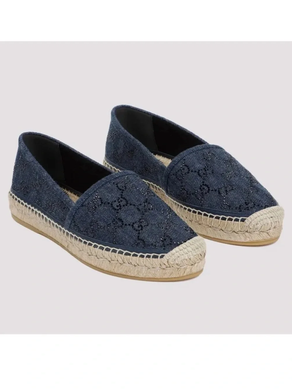 Gucci Espadrille GG Canvas Designer Flats Embellished Denim SZ 6.5 NIB
